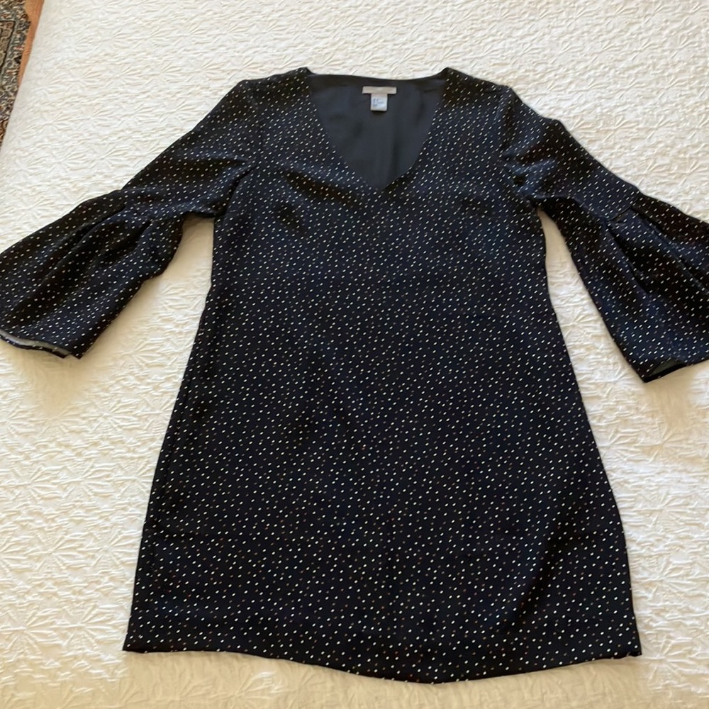 Fabulous black with white and brown polka dots shift dress w/ 3/4 bell sleeves